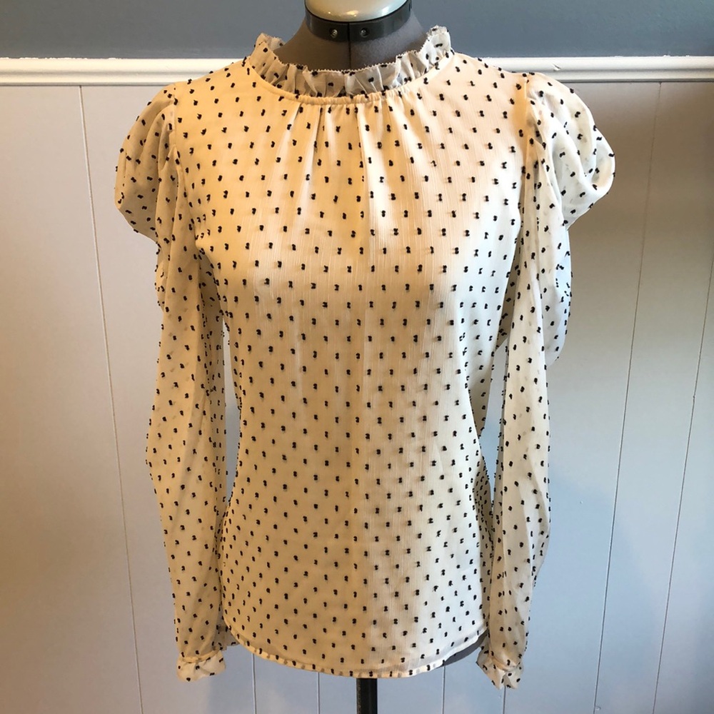 NWT DKNY  Cream Polka Dot Blouse Sheer Sleeves